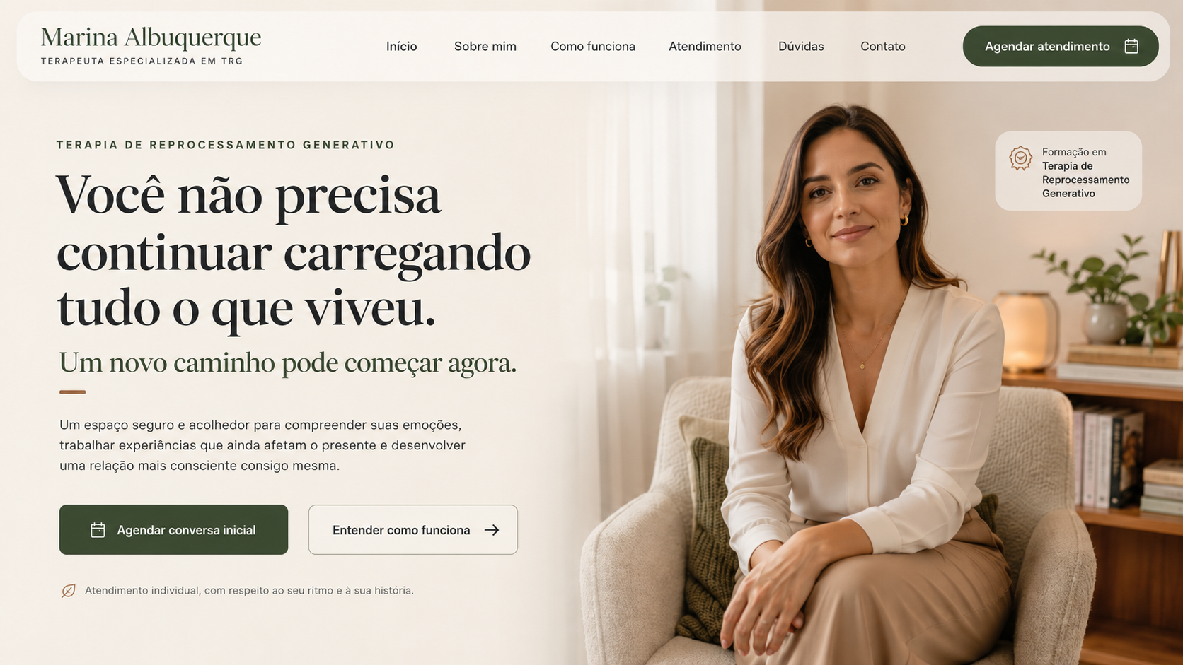 Exemplo de página profissional para terapeuta TRG exibida em um mockup tridimensional